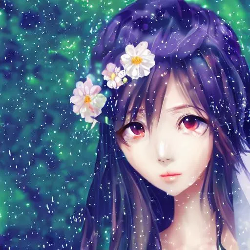 Prompt: Hyper pixel pretty anime K-pop girl with wedding dress
Beautiful eyes flowers rain
