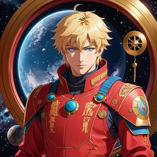 Prompt: Anime space khan, young man with blond hair and blue eyes, in a crimson space suit decorated with brass bullet casings and Mongol script