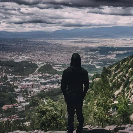 Prompt: Highly detailed teenage boy in black hoodie standing on the top of the mountains and watching down the city which look more high tech and future gadgets 