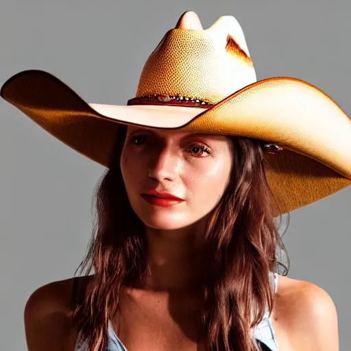 Prompt: professional product photo of a cowgirl hat}, floating suspended midair, intricate fabric details, fashion product catalog image, behance hd, studio lighting, front view, square image