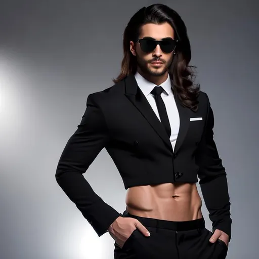 Prompt: a gorgeous 4k hdr photo of an attractive extremely long-haired 22-years old man with a six pack abs and sunglasses wearing a crop top black long sleeve business suit with a black necktie and black business suit pants, he also has a bare midriff and a bare navel, sideview, sore abs, he has one of his hands on his hips, he is looking around determined, (gradient dark background), ((highly detailed)), ((high quality)), ((vibrant colors))