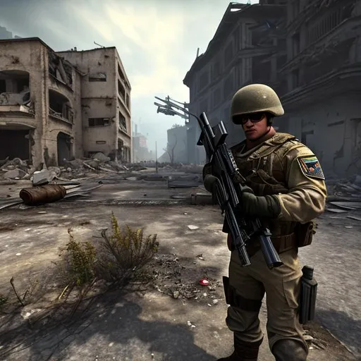 Prompt: realistic soldier holding a gun rifle, realistic graphics, in background add destroyed buildings, add destroyed city, add detail to face, 3d, HD, man, 4k, gritty