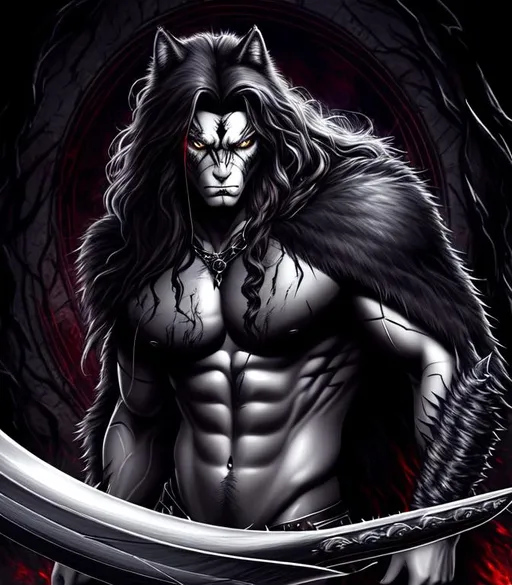 Prompt: Horror, twisted, scary, ominous, cinematic, 3D, HD, freeform dark chaos {Man}Wolf as Archer, detailed gorgeous face, Beautiful big reflective eyes, long flowing hair, expansive Jungle background, hyper realistic, 16K --s98500