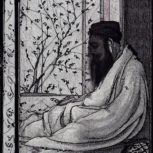 Prompt: a sorrowful picture Rumi the Sufi from separation of his lover the God, evoking a deep sense of longing like a sad reed waiting to be blown by his master, only emptiness waiting for love