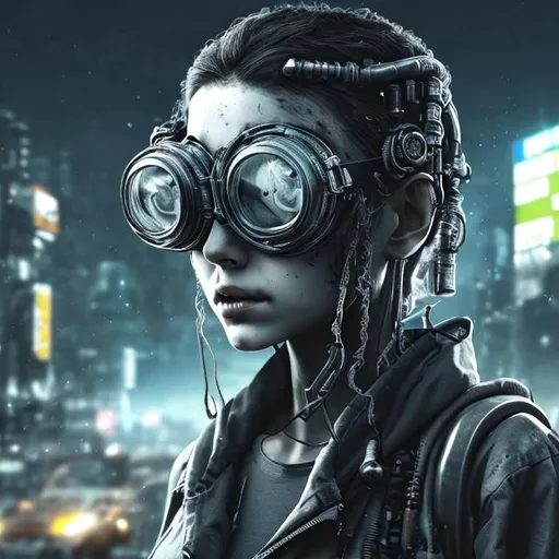 Prompt: Cyberpunk industrialist apocalypse zombie Android curly short haired girl with transparent goggles in gray scale