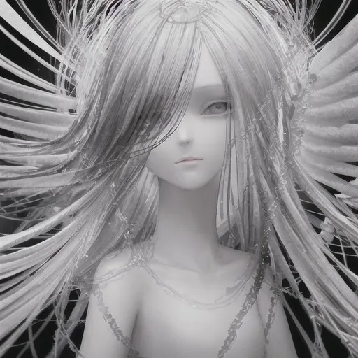 Prompt: a white angel going through a black hole,beatiful face,dark,white wings.