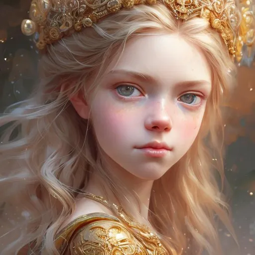 Prompt: Closeup face portrait of a {medieval princess with blonde hair wearing a golden tiara}, smooth soft skin, big dreamy eyes, beautiful intricate colored hair, symmetrical, anime wide eyes, soft lighting, detailed face, by makoto shinkai, stanley artgerm lau, wlop, rossdraws, concept art, digital painting, looking into camera