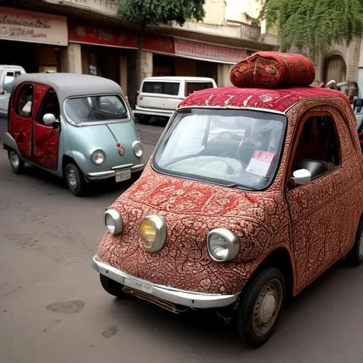 Prompt: Microcar covered with oriental carpets