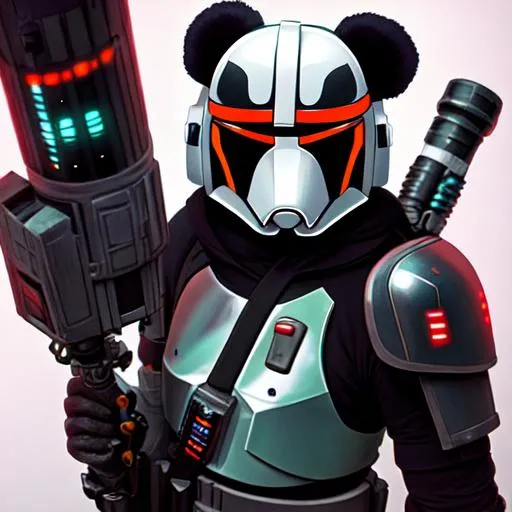 Prompt: cyberpunk panda lightsaber mandalorian