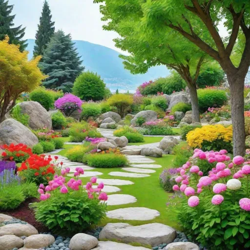 Prompt: A beautiful garden with flowers, rocks and stunning trees view  