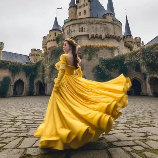 Prompt: belle looking pretty with her face facing in front in a long yellow gown dancing alone in the center of the castle
