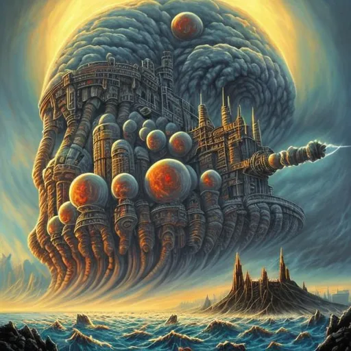 Prompt:  fantasy art style, painting, nuclear weapons, nuclear bombs, atom bomb, nuclear explosions, mushroom cloud, tzar bomb, bombs, concrete, smog, fog, evil, warship, naval ship, boat, deep ocean, waves, tsunami, flood, end of the world, apocalypse, dystopian, warfare, robot