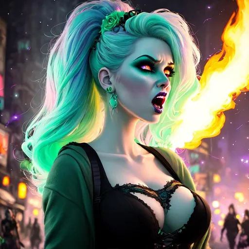 Prompt: pixar style painting of a beautiful zombie woman, pale green skin, pastel pink and blue hair, goth clothing, angrily screaming, furrowed brow, furious, bared teeth, nighttime, post apocalyptic city street, fireballs, ruins, trash, galaxy, soft light,explosions, ((street on fire)), muted color scheme, art, painting, fireflies