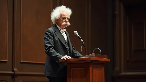 Prompt: Mark Twain standing at an elegant wood podium