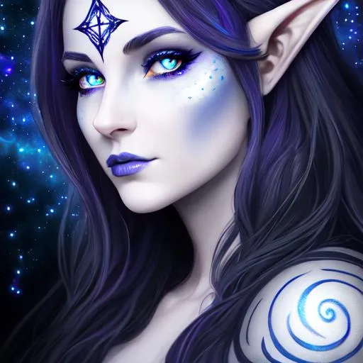 Prompt: A beautiful D&D Circle of Stars Druid, character portrait, dark fantasy, detailed, realistic face, digital portrait, fiverr dnd character. 

Of a beautiful Tiefling woman of 27 years old, with blue skin, horns, tattoos of stars on her face and hands, one eye of black with an iris of a white cross. 

She is wearing a witch's robe and Hat with the underside of the Hat having a star constellation on it. Leather armor and Amethyst Cloak A dazzling purple and black sewed cloak studded with amethyst gems.