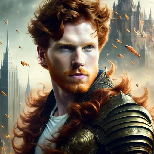 Prompt: Portrait of a Man with reddish hair and with heoric and stearn face, office background, perfect composition, hyperrealistic, super detailed, 8k, high quality, trending art, trending on artstation, sharp focus, studio photo, high key lighting, intricate details, highly detailed, by greg rutkowski, highly detailed, 8K