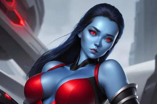 Prompt: Chiss Woman. Blue Skin. Red eyes and Red Sclera. Beautiful Face. Tight Dress