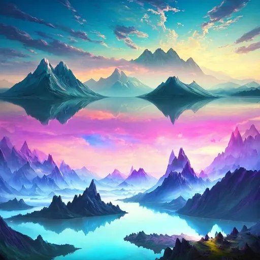 Prompt: Generate an ethereal landscape with vibrant colors and a dreamlike atmosphere, featuring a mountain range in the distance and a lake in the foreground. The sky should be filled with wispy clouds, and the sun should be setting behind the mountains. Include elements of fantasy, such as floating islands or mystical creatures, to give the image a surreal and otherworldly feel.