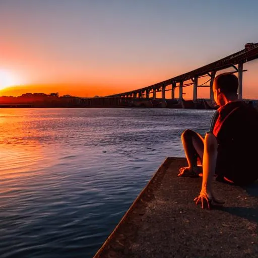 Prompt: person sitting on the edge of a bridge sunset 
 