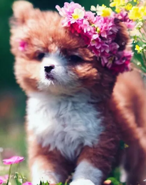 cute baby dog playng in mountain with flowers