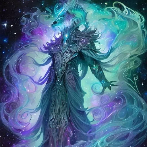 Prompt: Aetherius is a majestic figure, draped in flowing robes woven with the patterns of stars, galaxies, and constellations.They possess an otherworldly aura, with eyes that sparkle like shimmering stardust. Their form radiates an ethereal glow, signifying their connection to the cosmic forces that govern destiny.