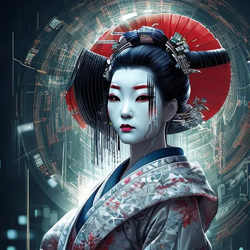 Prompt: Japanese geisha, cyber, limitless, art