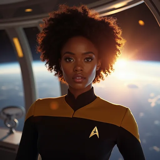 Prompt: A beautiful black woman with the face of  Sanaa Lathan dressed in the StarTrek Voyager uniform. Behind her you can see part of the spaceship and a large window overlooking Earth's orbit. The sun's rays filter through the window creating a magical and warm atmosphere.