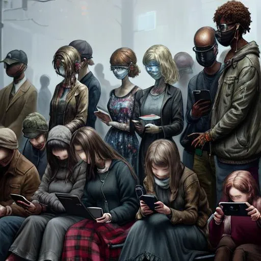 Prompt: Make a painting of {{people staring into their phones like mindless zombies}}, detailed, high resolution, dystopic, grim