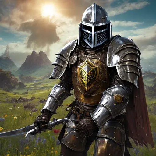 Prompt: The knight wears a shining suit of reinforced steel armor and an iron helmet on his head. He sits atop his beautiful brown steed, wielding a beautifully crafted longsword in his right hand, while clutching the royal banner in his left hand. His face appears adventurous and bold, his eyes shining with passion and determination. Behind him, stretches the lush green meadows, and the sunny blue sky blends with a few white clouds. He looks ready for adventure and battle in the world of the Middle Ages."