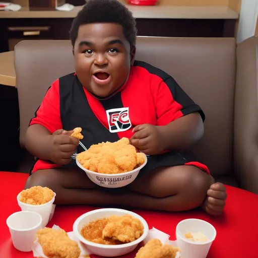 Prompt: fat black kid eating kfc