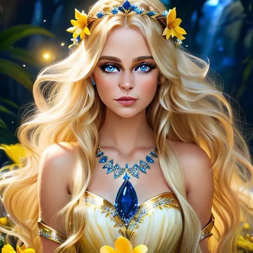 Prompt: Pixie dust princess, long blonde hair, sapphire eyes, yellow flowers in her hair,  facial closeup