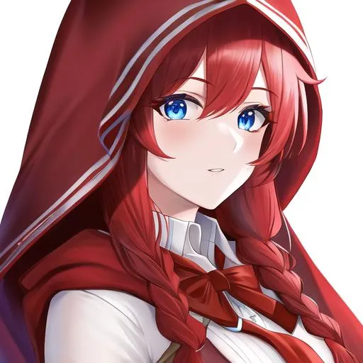 Prompt: Haley 1female (braided red hair pulled back, lively blue eyes), highly detailed face, 8K, UHD, wearing a red riding hood outfit