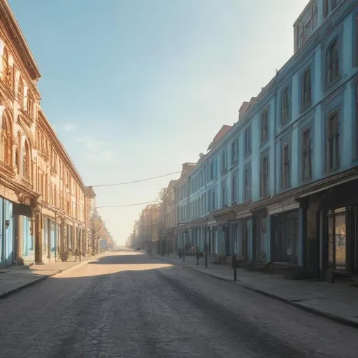 Prompt: Early tall 1900s buildings with road early 1900's high resolution 4k daytime nice weather light blue sky 