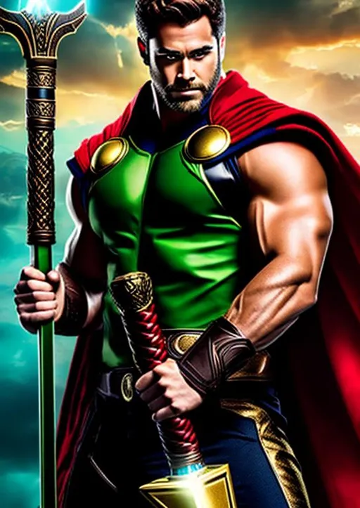 Prompt: High-resolution hyperrealistic photo of marvel's demigod {{hercules}} merged with thor, holding mjolnir, green and red and black and gold costume, uhd, hdr, 64k