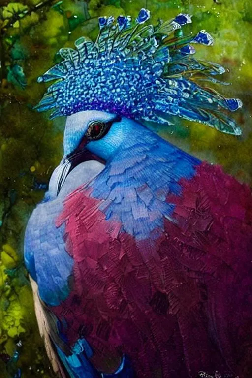 Prompt: majestic Blue Crowned Pigeon Watercolors wet. Intricate details, quilling, Iridescent colors. By taras loboda, Ivan Jean-Baptiste Monge, Ernst Haeckel, victo ngai, wlop, Johan messely, Robert Bissell, andreja peklar,  Anna Dittman, esao Andrews, Enki Bilal. Highly detailed, best quality. Cinematic smooth. Polished finish. Spring garden background 