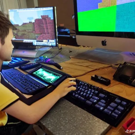 Prompt: a minecraft player on the computer playing minecraft