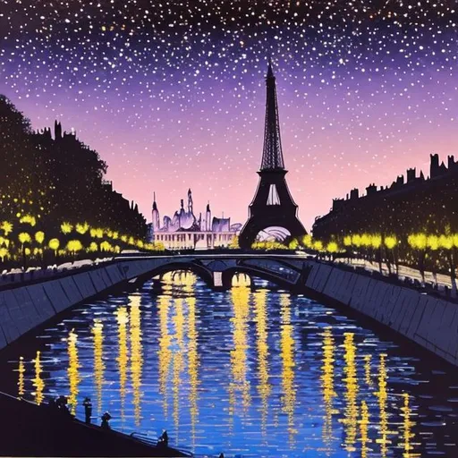 Prompt: A painting of a moonlit scene along the banks of the Seine River, with the iconic silhouette of the Eiffel Tower in the distance. The river shimmers under the soft glow of streetlights, reflecting the twinkling stars above