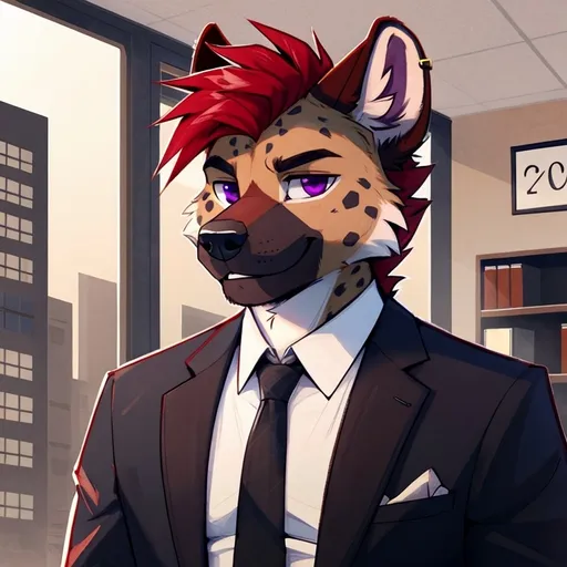 Prompt: score_9, score_8_up, score_8, solo, anthro, male, (by_keavemind), hyena, portrait, office location, formal suit, purple eyes, black and red hairstyle