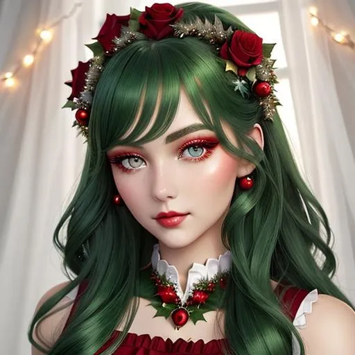Prompt: Christmas fairy goddess,Beautiful and Gorgeous red roses in hair,  very light green eyes,pretty makeup, facial closeup