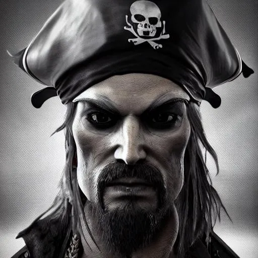 Prompt: Portrait of a pirate, angry, mean, fearless, realism, black and white, eye patch, background a waving pirate flag, artstation, 8k, octane render, unreal engine,  very detailed, concept art, realistic, masterpiece, sharp  - ar 1:1