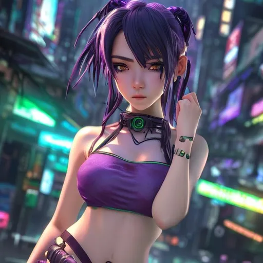 Prompt: 4k high resolution cgi anime cyberpunk style, 18 year old petite Thai female, thick body build, small chest, bare belly and low cut green halter top, light purple eyes