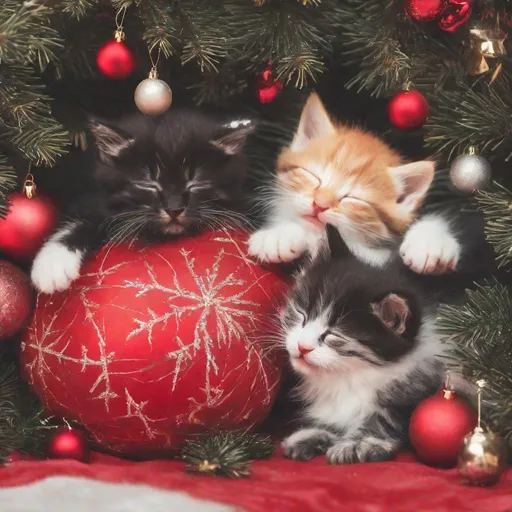 Prompt: kittens sleeping under a red christmas tree

