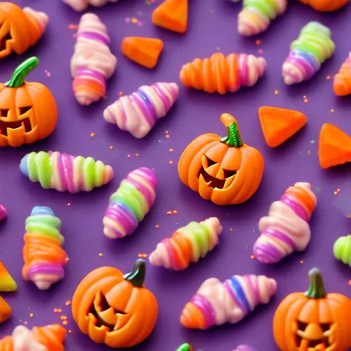 Prompt: Miniature Halloween candy in the style of Lisa frank