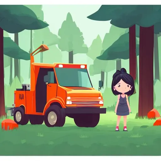 Prompt: Create a picture of a  girl standing in front of a tow truck surrounded by a forest
