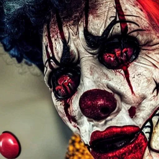 Prompt: horror killer clown being sad after killing 