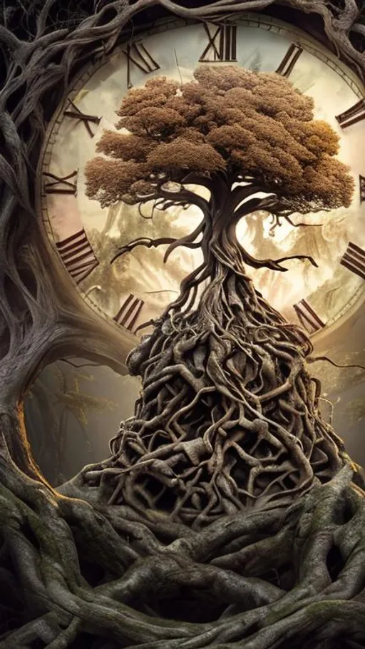 Prompt: The scene portrays an ancient, wise tree with its roots entangled in a broken clock, signifying the timeless nature of wisdom amidst the ephemeral nature of human follies. The details are rendered with smooth textures and warm hues, creating a serene and contemplative ambiance.