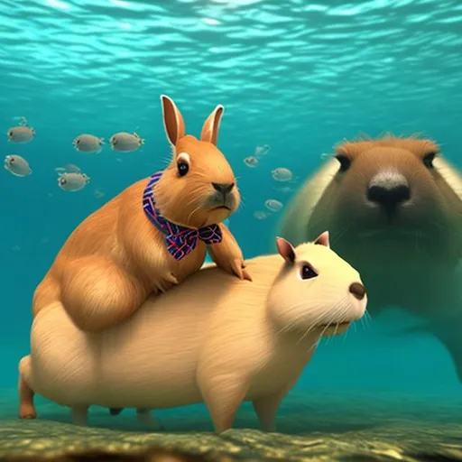 Prompt: a bunny riding a capybara under water With a bowtie

