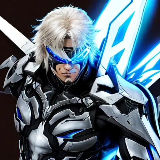 Prompt: Raiden from Metal Gear Rising Revengeance point his sword towards the camera