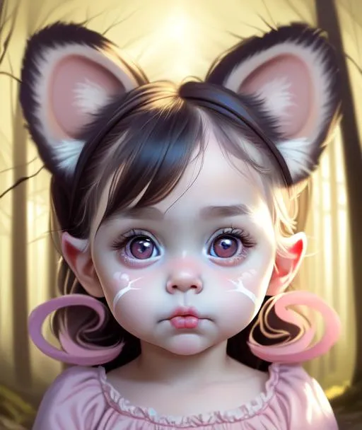 Prompt: chiaroscuro, Victorious close-up face shot painting of a beautiful toddler girl with wolf ears, cute and adorable, big round eyes, big dreamy eyes, cute eyes, perfect eyes, beautiful eyes, pouting, puppy eyes, 8k resolution concept art, trending on artstation, trending on deviantart, pale skin, Forest setting, wearing an adorable fluffy pink dress, beautifully detailed and intricate clothing, beautifully detailed and intricate hair, beautifully detailed and intricate face, posing, dark colors,  hyperdetailed, intricately detailed, insanely detailed, beautiful eyes, beautiful face, Fursona, kemono, kemonomimi, fantasy character art, Magic the Gathering, perfect eyes