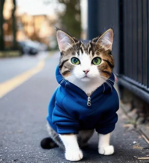 Prompt: cute cat wearing a hoodie walking in a dangerous neighborhood